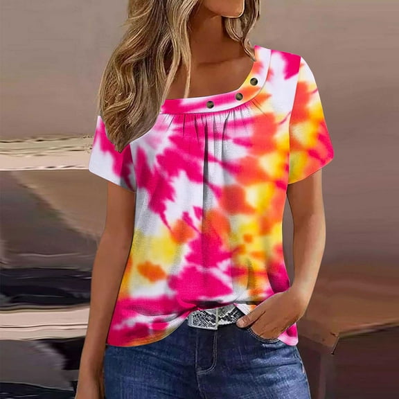 Women's Casual Summer Tunic Tops Short Sleeve Loose Fit Shirts For Leggings Hot Pink XL