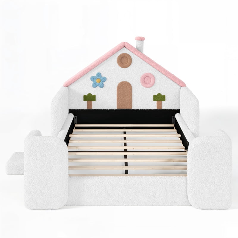 Full Size Kids Floor Bed with House Shaped Headboard, Upholstered Teddy Fabric Child Storage Platform Bed Frame with Pocket