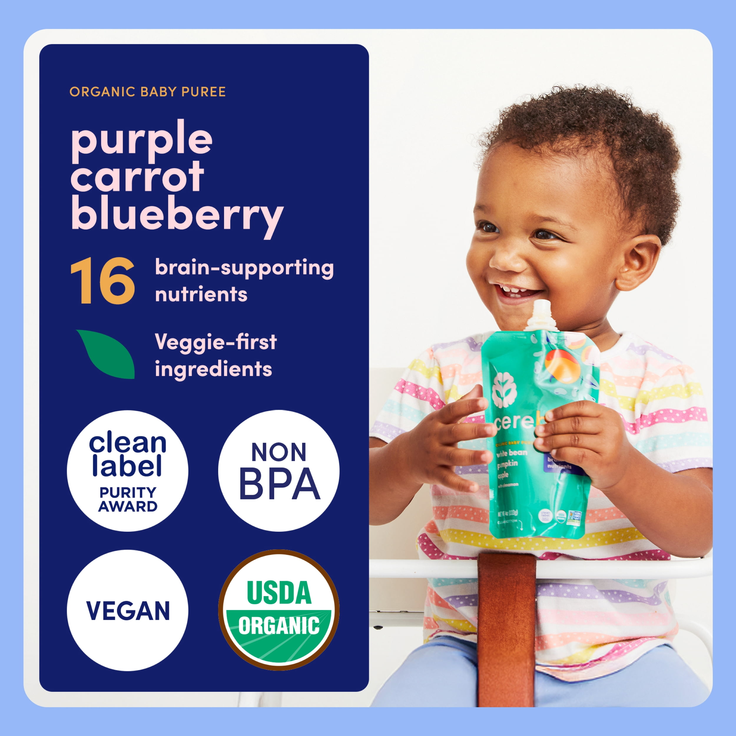 (3 pack) Cerebelly Organic Stage 2 Purple Carrot Blueberry Smoothie Baby Food, 4 oz Pouch