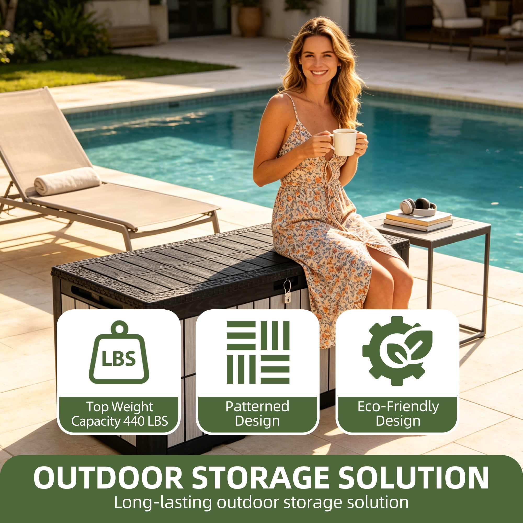Uforic 134 Gallon Lockable Outdoor Deck Box, Waterproof Resin Storage Box with Hydraulic Support, Patio Storage Bench for Garden Pool Supplies, Black & Wood Grain Gray