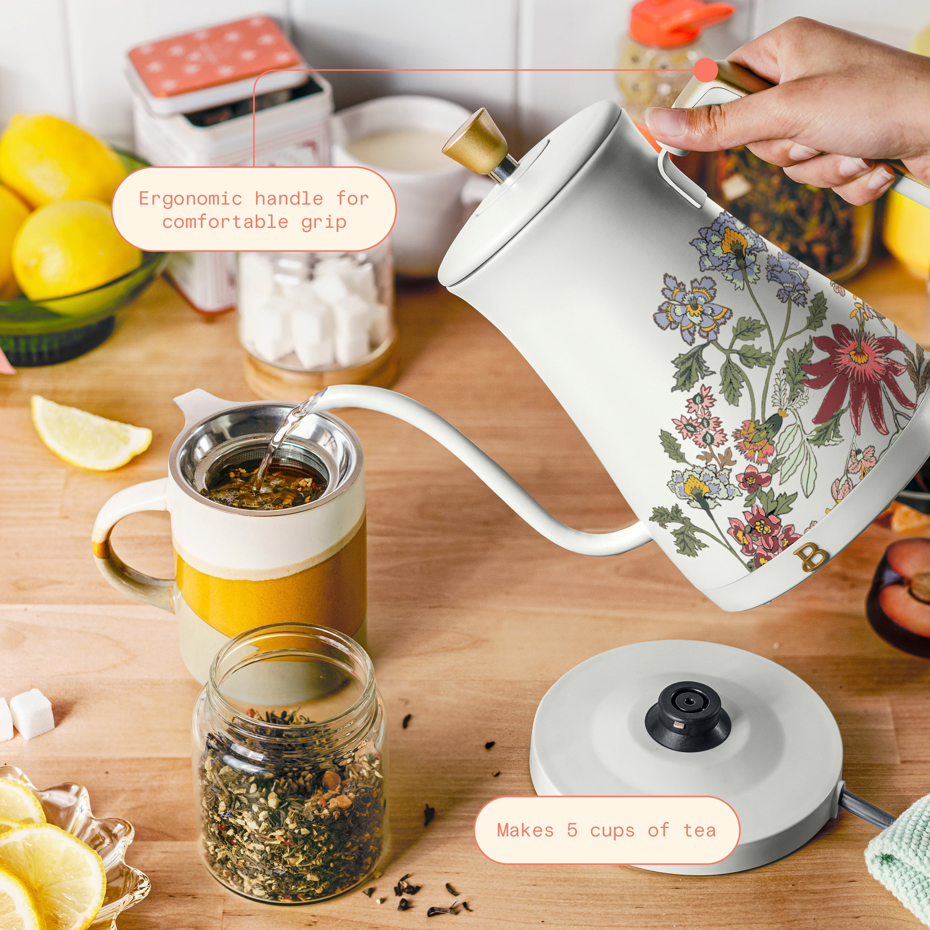 Beautiful 1-Liter Electric Gooseneck Kettle 1200 W, Wildflower White Icing by Drew Barrymore