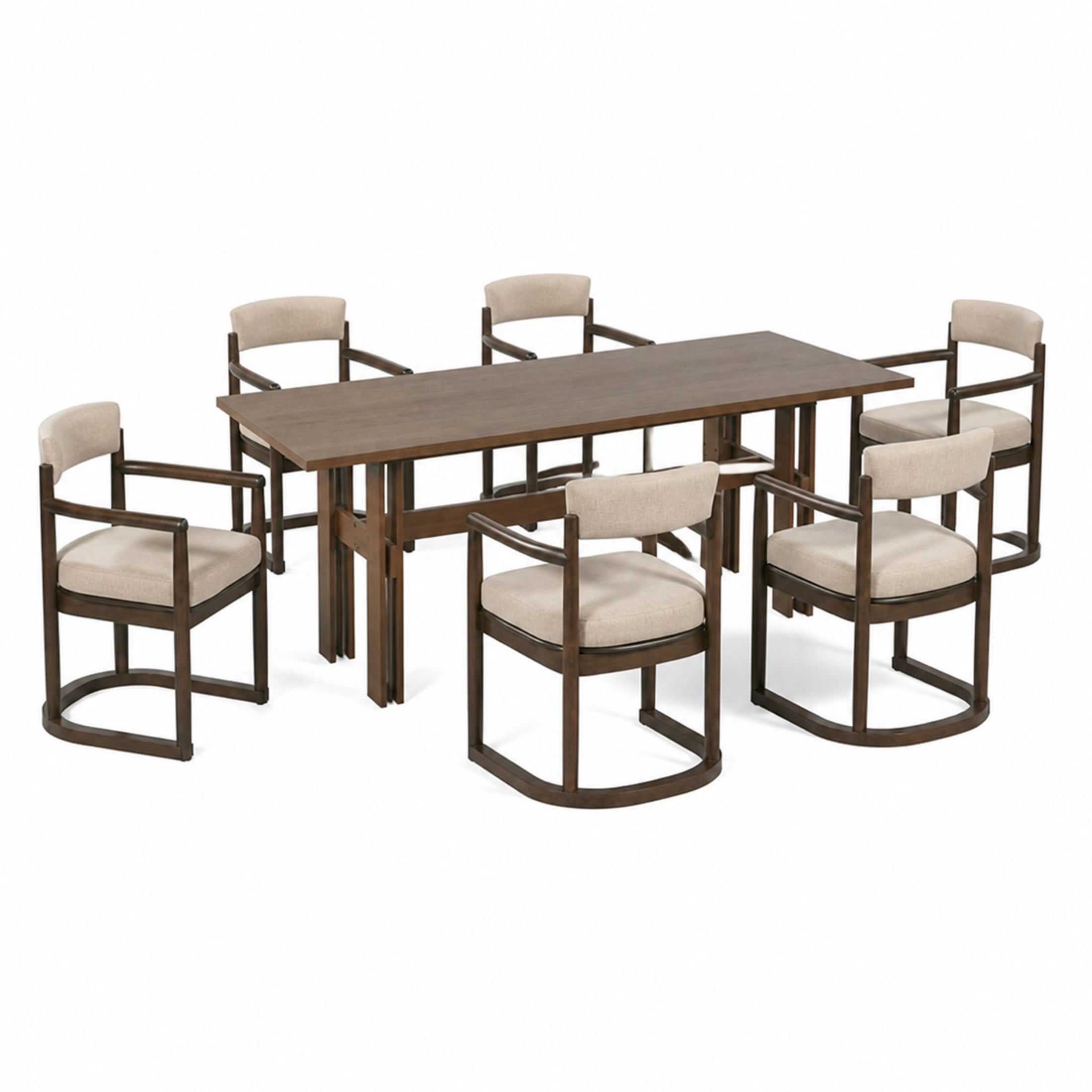 Christopher Knight Home 7-Piece Modern Wood Dining Table with Upholstered Chairs Set, Walnut+Beige