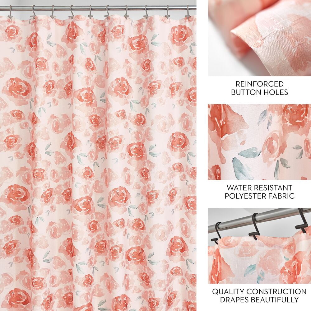 iDesign Polyester Shower Curtain, Peach Watercolor Floral, 12 Reinforced Buttonholes