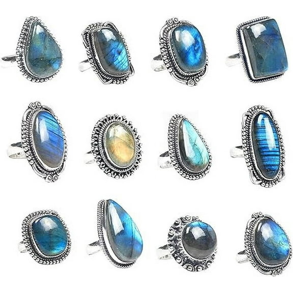 Assorted Natural Labradorite Rings with Brass and Silver Plating, Sizes 6-10 (Pack of 5)