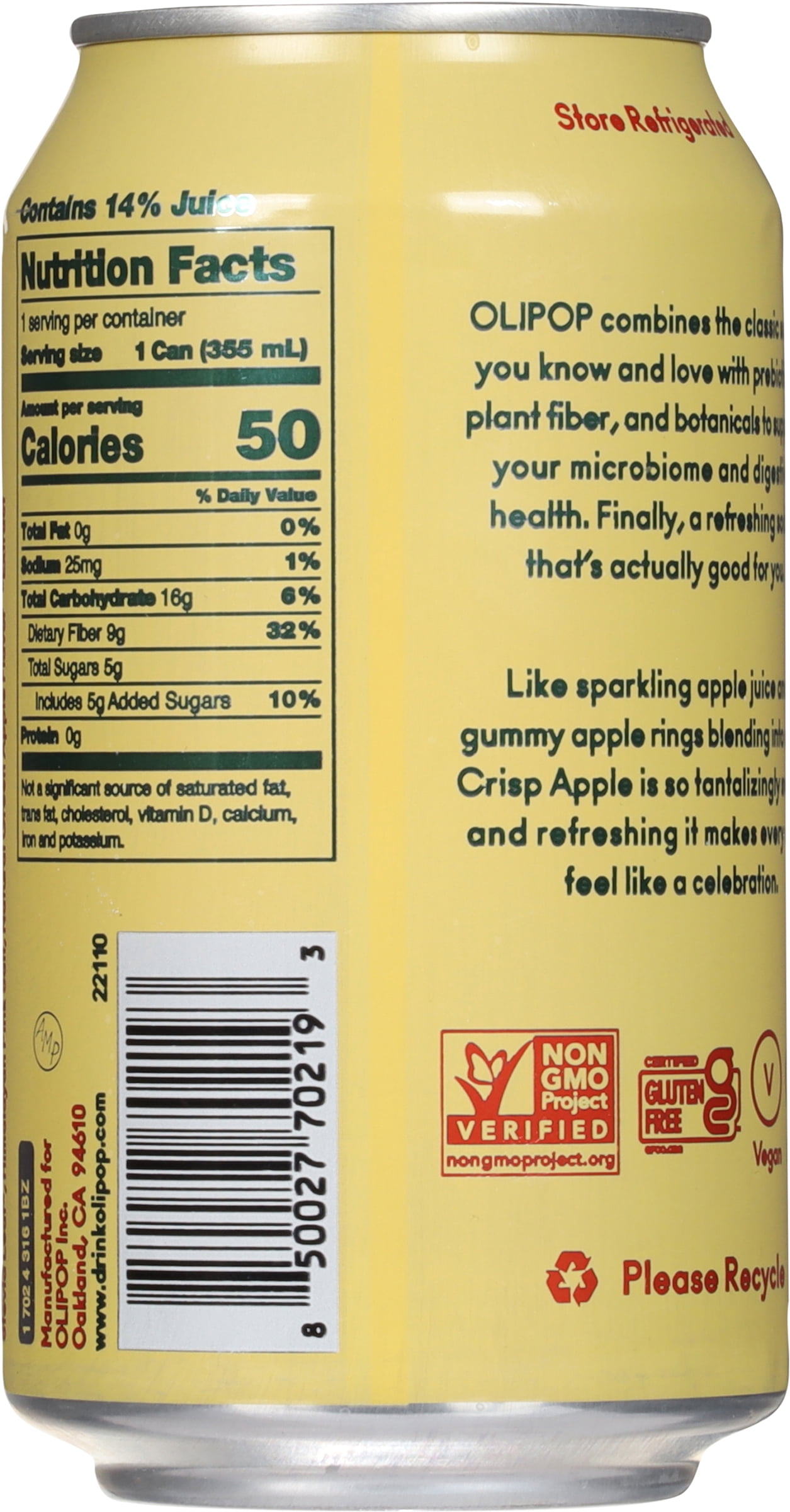OLIPOP 9g Fiber Prebiotic Soda, Crisp Apple, 12 fl oz, 12 Pack, Refrigerated