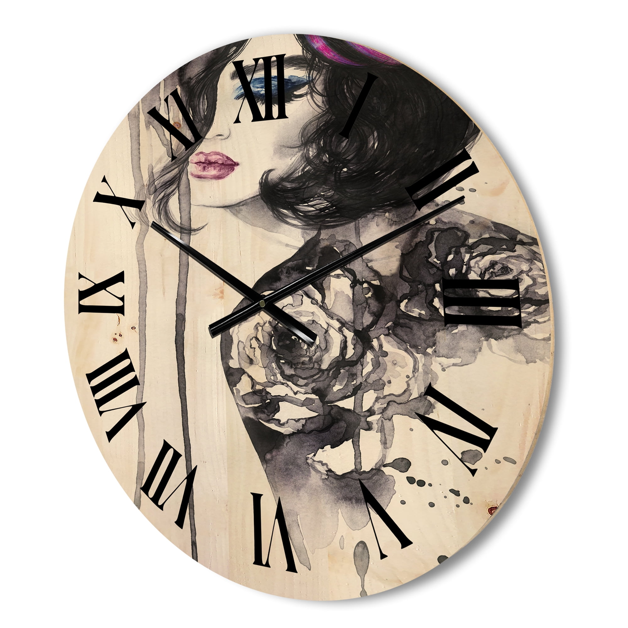 Designart 'Monochrome Female Portrait With Colorful Makeup' Modern Wood Wall Clock
