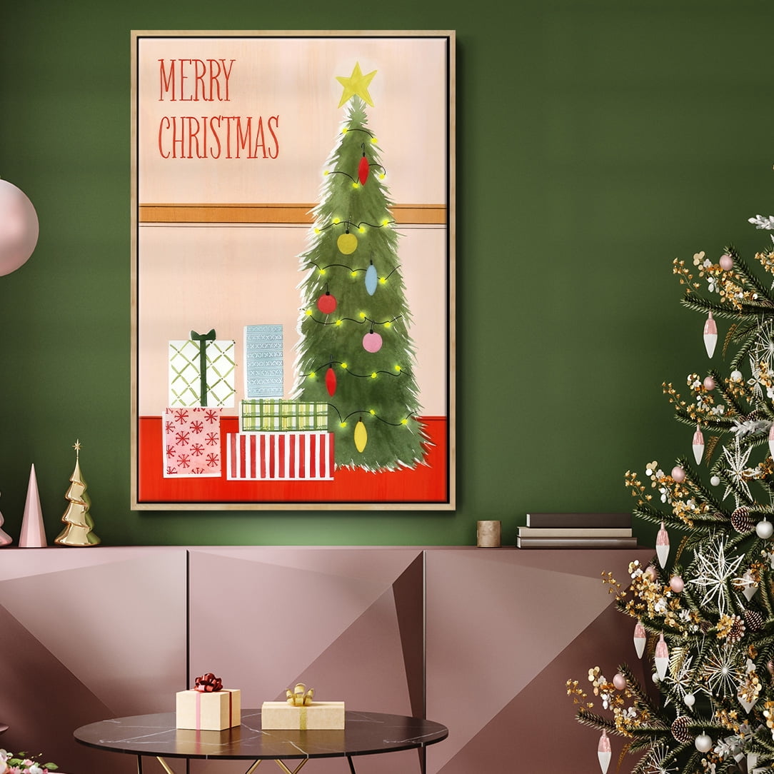 Christmas Stockings Collection B - Framed Gallery Wrapped Holiday Canvas - 27 x 41 - Natural Wood Frame