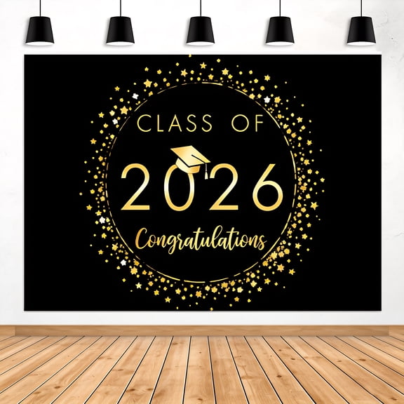 Black and Gold Class of 2026 Graduation Backdrop Congratulations Graduation Prom Party Decorations Background Congratulations Senior Congrats Grad Banner Decors Photo Booth Props 5x3ft