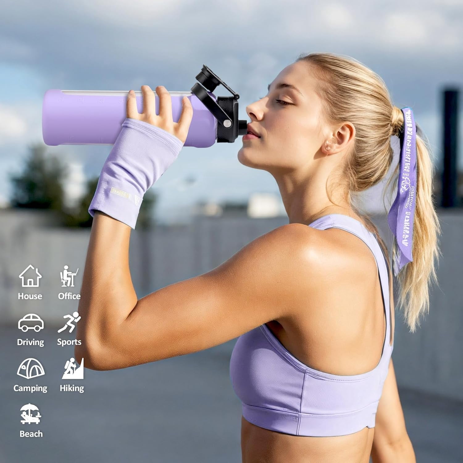 MUKOKO Glass Water Bottle, 24oz Sports Drinking Tumbler with Silicone Sleeve and Straw, 1 Cup 2 Lids, Purple