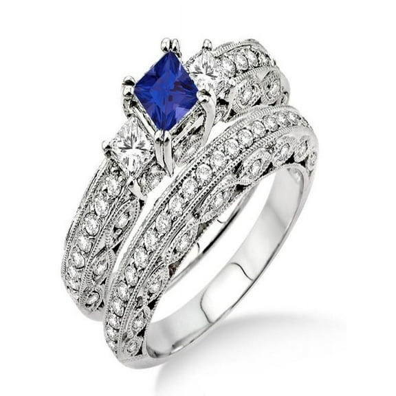 2 Carat Sapphire and Diamond Antique Milgrain Trilogy Bridal set on 10k White Gold