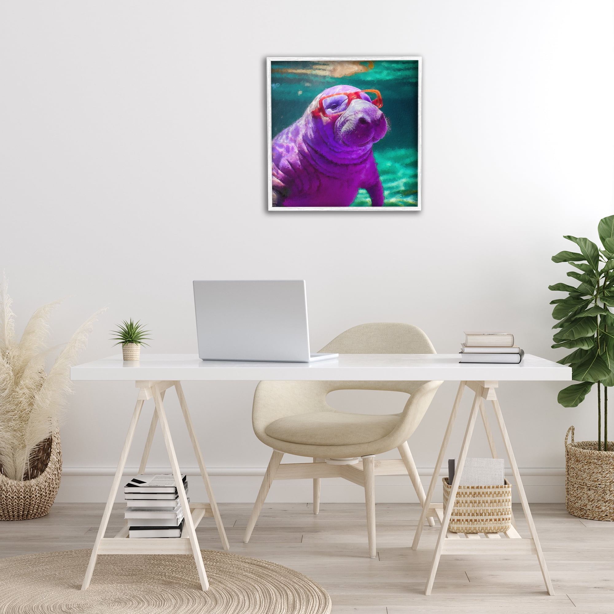 Stupell Industries Manatee with Glasses Animals & Insects Painting White Framed Art Print Wall Art, 24 x 24