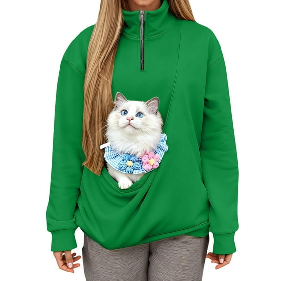 Gyujnb Quarter Zip Pullover with Kangaroo Pocket, Hoodless Soft Lounge Sweater for Pet Carrying Sling, Comfortable Casual Womens Top,Size:M