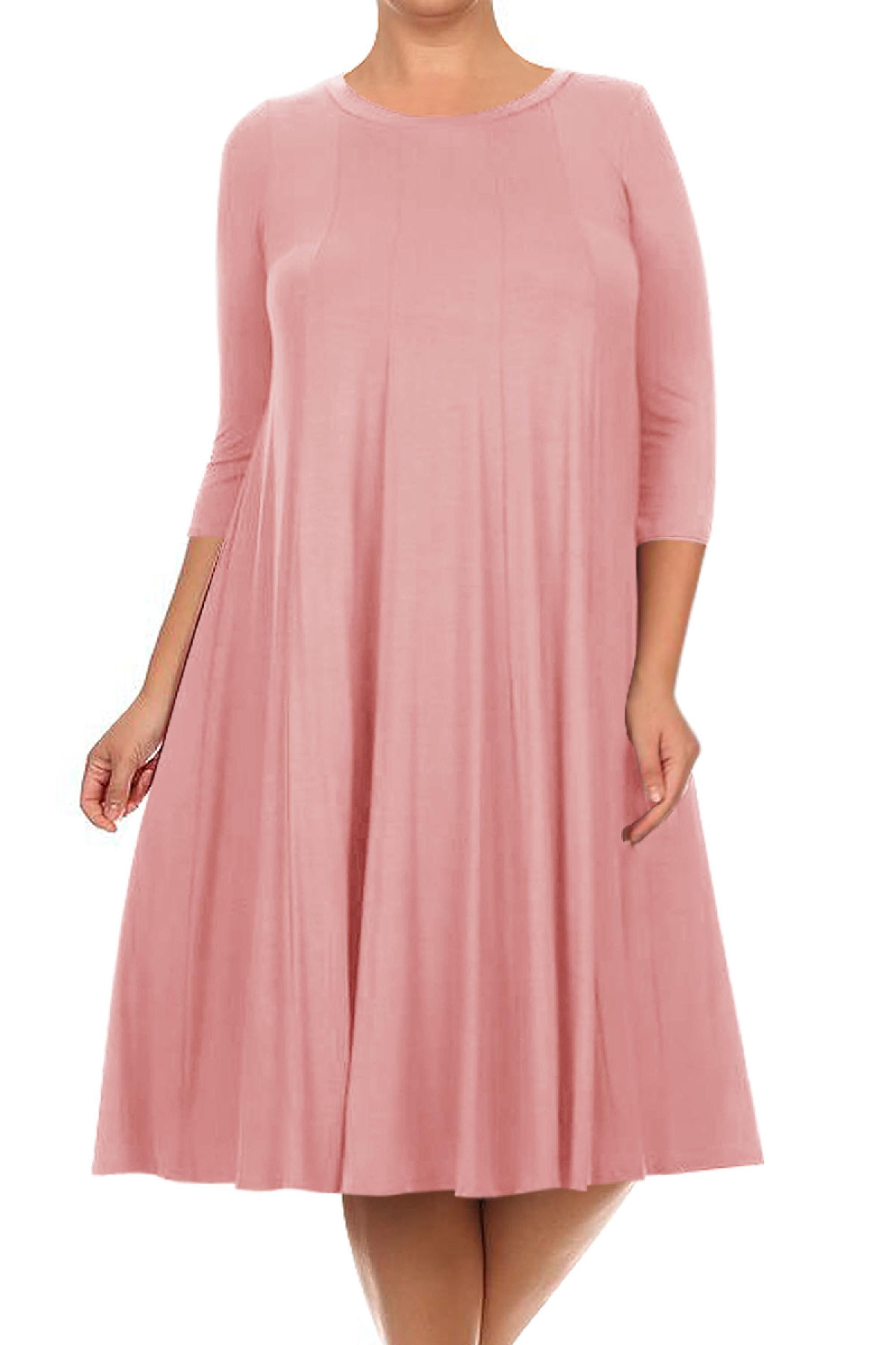 Women's Plus Size Casual 3/4 Sleeves Basic A-Line Pleated Solid Midi Dress Made in USA