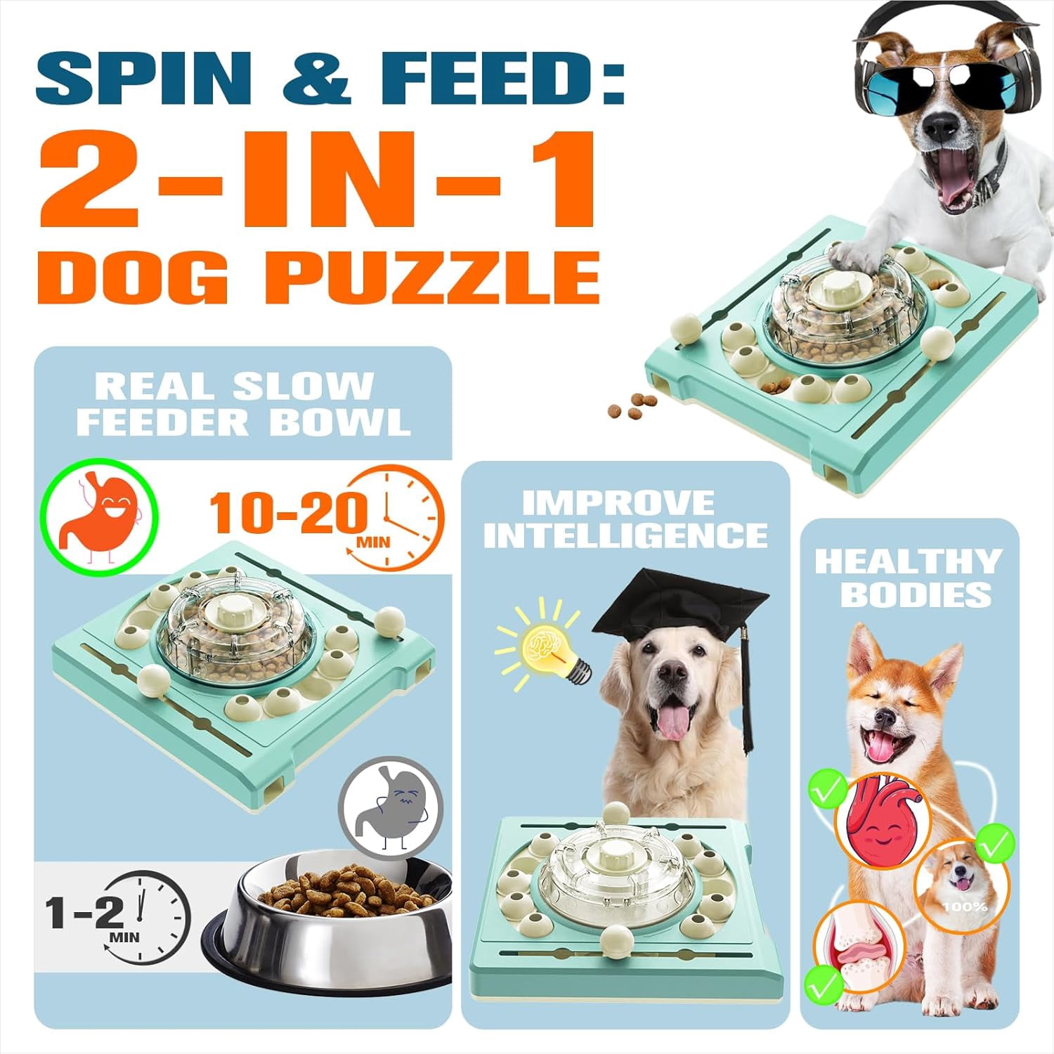 KADTC Dog Puzzle Toy, XL Size, 2 Levels of Step-by-Step Challenge, Spin to Release Treat Dispenser, Slow Feeder & Mental Stimulation Enrichment Toy for Small Medium Large Dogs