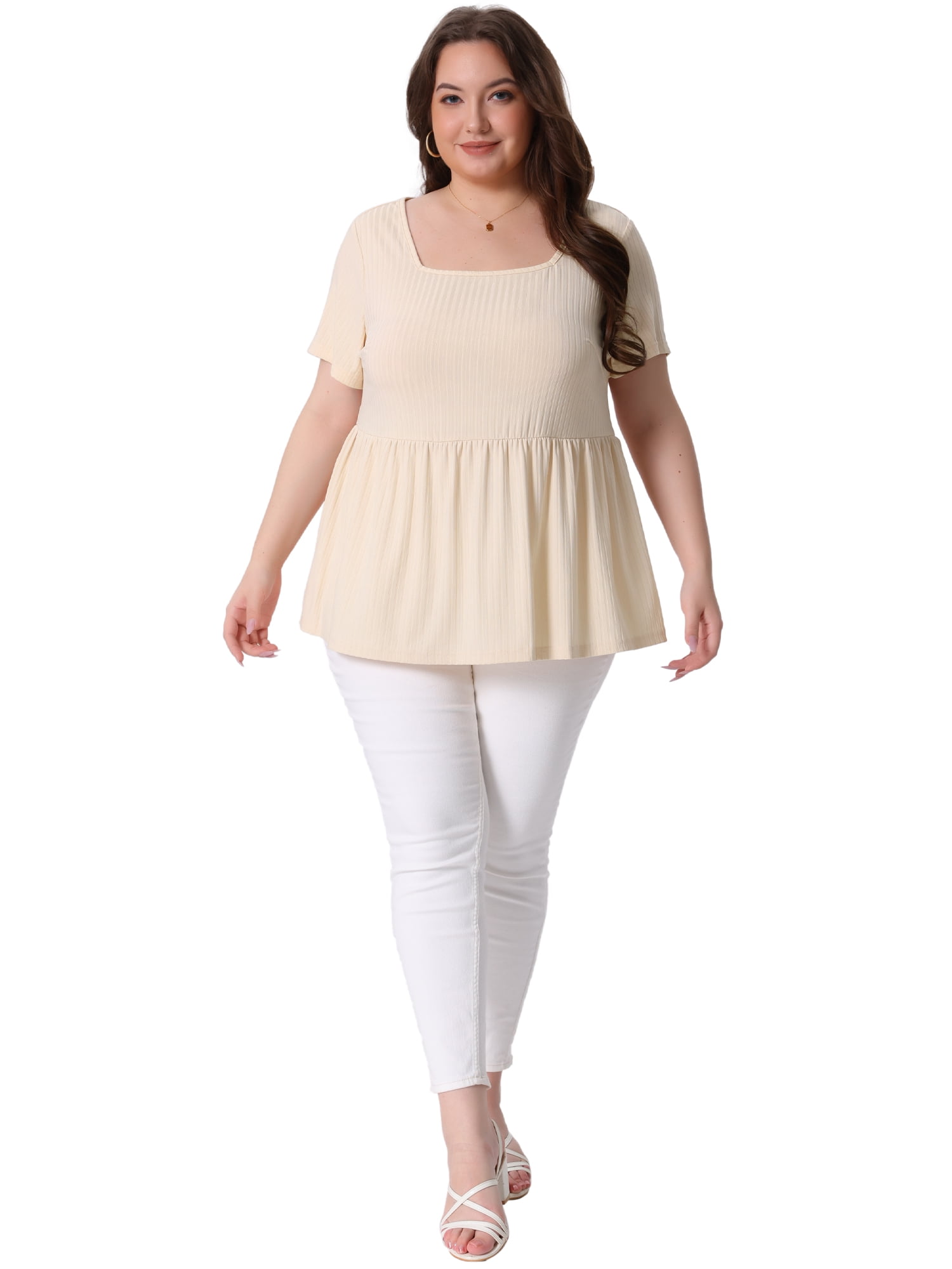 DARING DIVA Women's Plus T-Shirts Square Neck Peplum Short Sleeve Tops 4X Beige