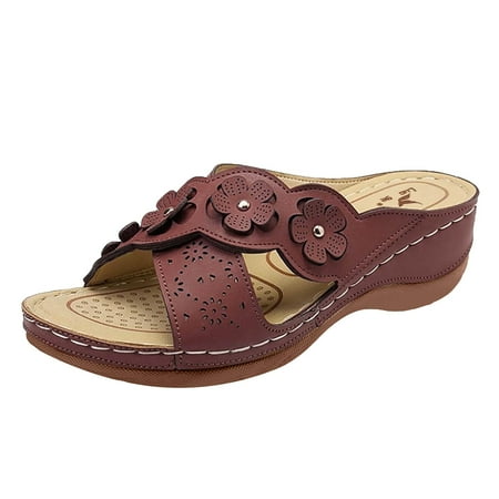 OJSFQUFP Wedges Shoes for Women Sandals with Arch Support Fashion Slide Sandals Women Dressy Summer Flat Beach Womens Sandals Dressy Brown 38