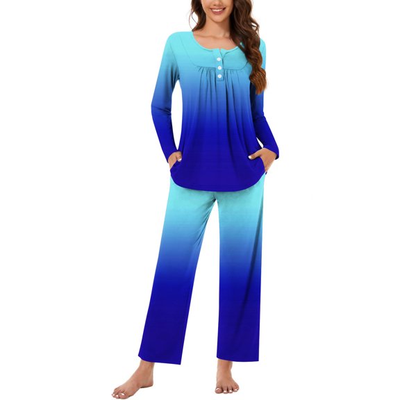 Wdfiry Pajama Sets for Women Casual Soft Gradient Color Crewneck Long Sleeve Tops and Pants 2 Pieces Outfits Sleepwear Pjs