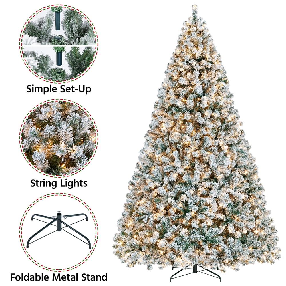 Alden Design 9 Ft Pre-lit Flocked Christmas Tree with Warm Lights, Frosted White