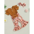 thumbnail image 3 of Wassery Infant Baby Girls Clothes Solid Color Knit Rib Short Sleeve Romper Crew Neck Jumpsuits Flower Print Flare Pants Headband 3Pcs Summer Set 0-18M, 3 of 8