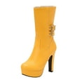 thumbnail image 2 of PiGOGI Women's High Heel Boots Double Buckle Fashion Winter Fall Boots for Women Trendy Comfortable Thick Heel Stylish Short Boots Yellow 43, 2 of 5