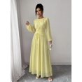 thumbnail image 3 of Light Yellow Womens Elegant Chiffon Ruched Round Neck Long Sleeve Maxi Dress For Summer Picnic Holiday, 3 of 7