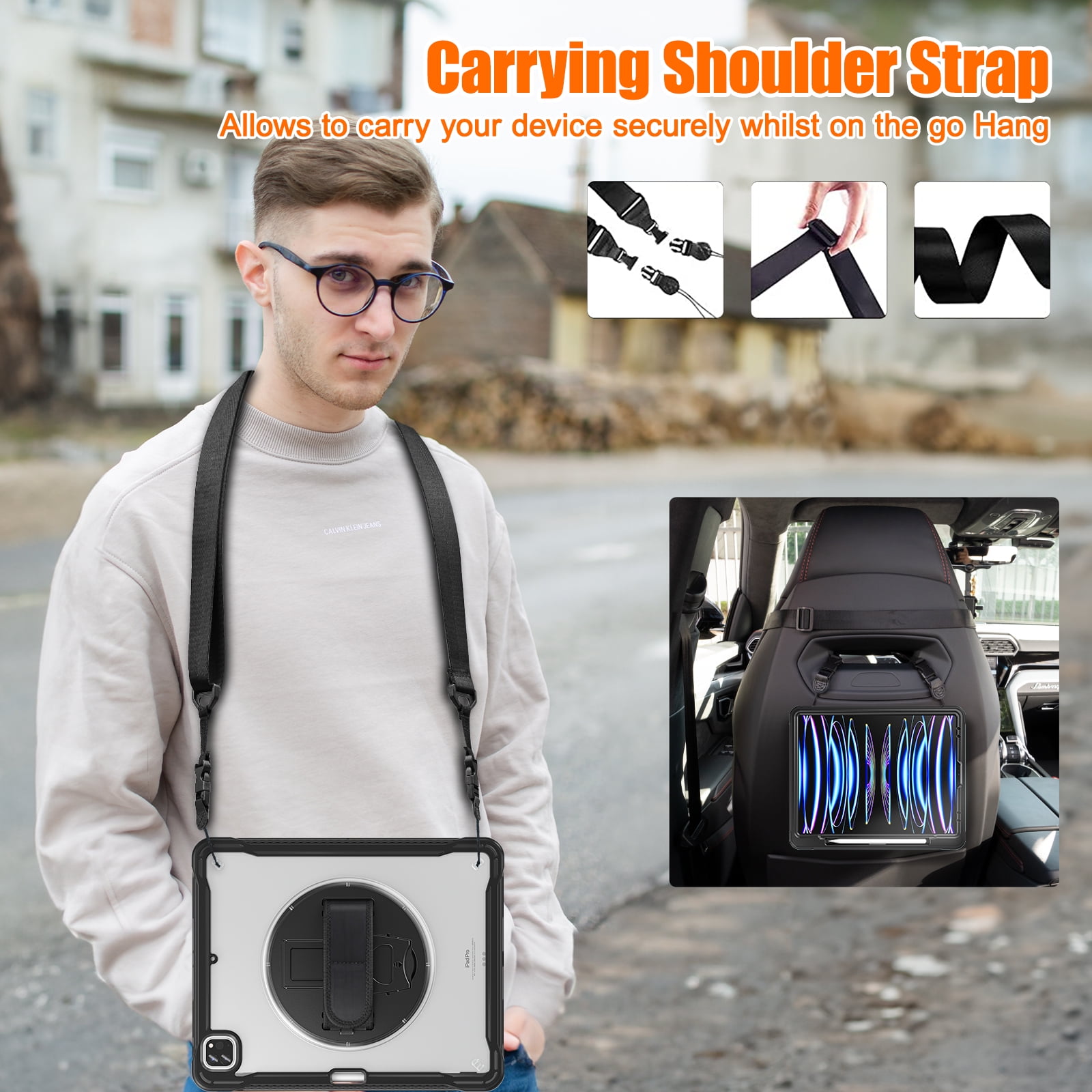 Allytechgroup Rugged Case for Apple iPad Air 11 Inch M4 M3 M2 2026 2025 2024, Kicktand Translucent Back Cover Shockproof Adjustable Shoulder Strap Kids Friendly with Pencil Holder, Black