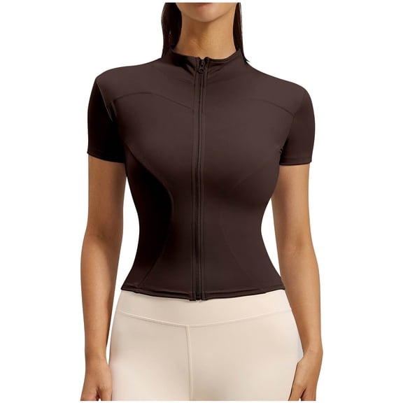 LEKWK Athletic Jacket Women Short Sleeve Stand Collar Workout Tops Slim Fit Full Zip Stretchy Comfy Solid Shirt Summer Fashion Casual Running Yoga Outfits