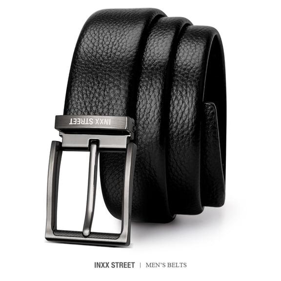 INXX STREET Men's black top-grain leather belt with metal buckle, soft and durable, versatile for business and casual wear, suitable for daily commuting and formal occasions, cloth size 31-33