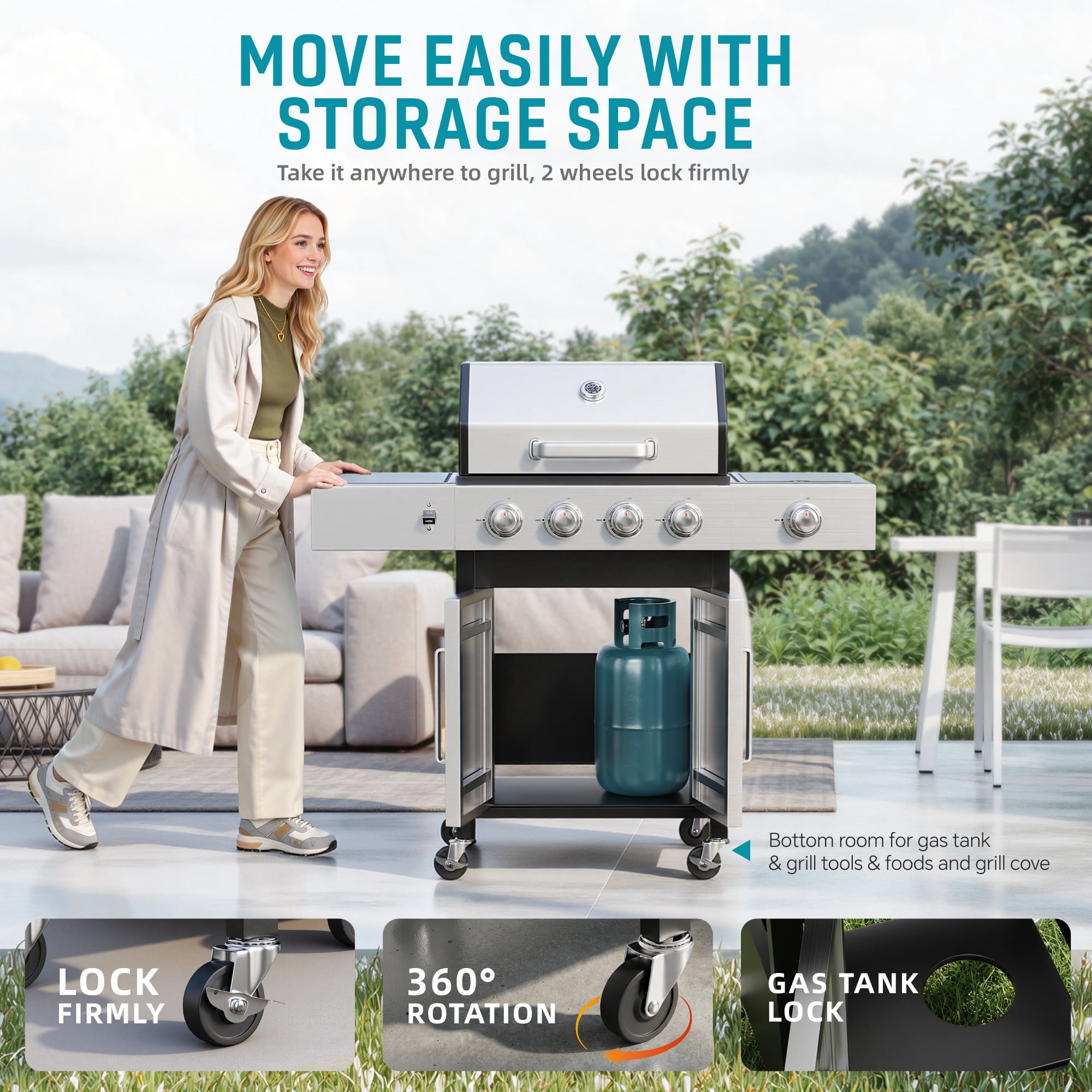 Biotree 4 Burner Gas Grill with Side Burner, 50800 BTU Barbecue Grill Propane Stainless Steel BBQ Grill with Porcelain-Enameled Cast Iron Grates for Outdoor Cooking