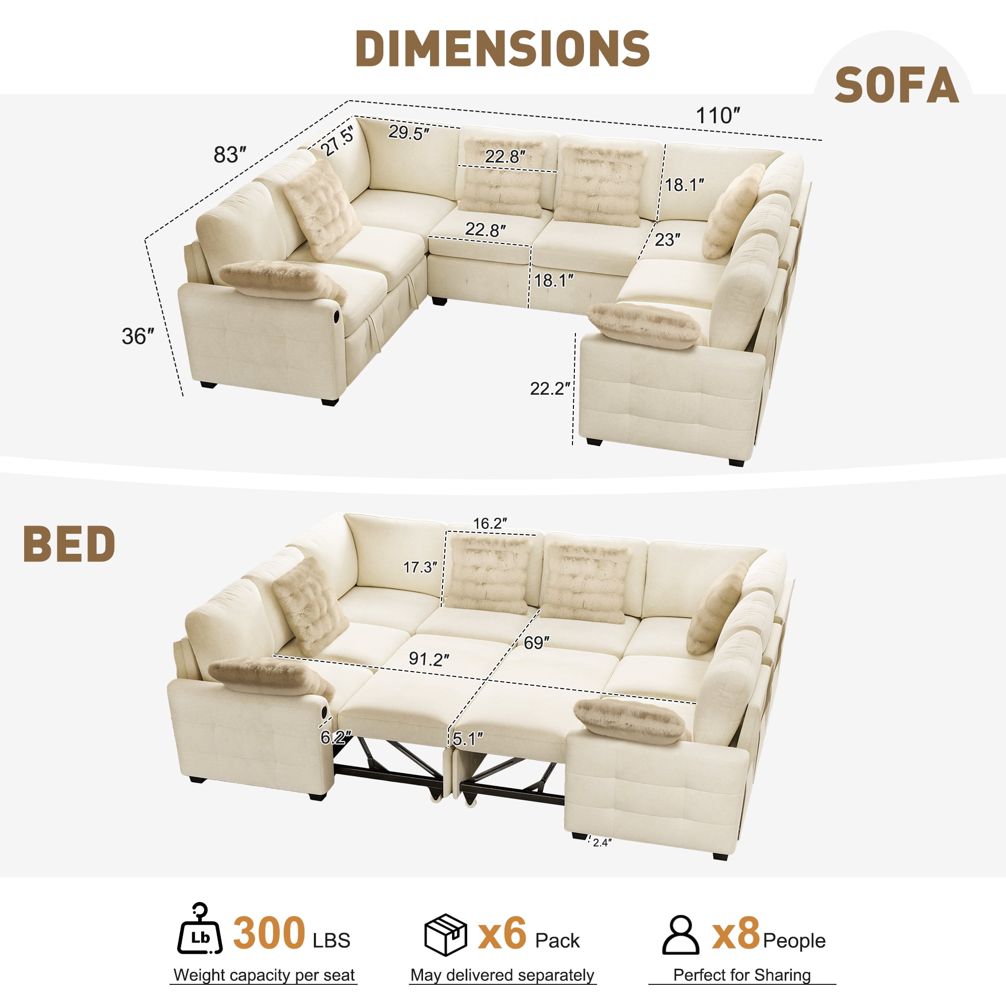 BedLuxury 110" Sectional Sleeper Sofa with Pull Out Bed, Storage Seat & USB Charging, U Shaped Modern Couch for Living Room, Chenille Beige