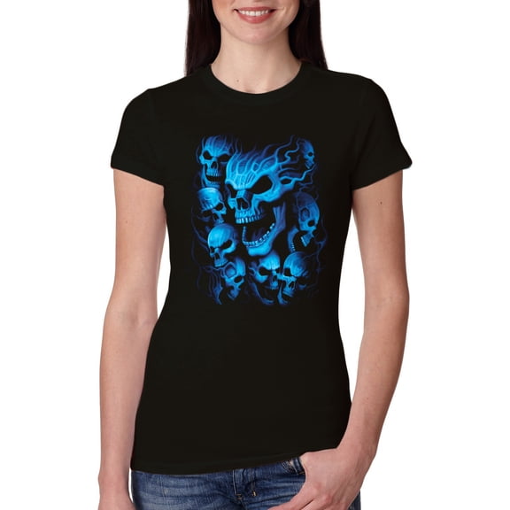 3D Blue Skulls Trendy | Womens Fashion Junior Fit Tee, Black, Small