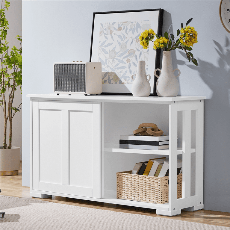 Alden Design Modern Wooden Sideboard Cabinet with Sliding Door for Kitchen Dining Room White