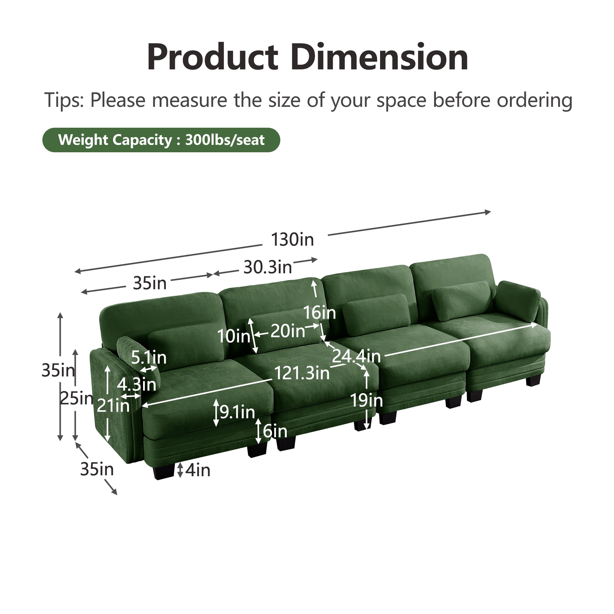 130" Tufted Modern Modular Sectional 4 Seater Sofa Couch with 6 Pillows