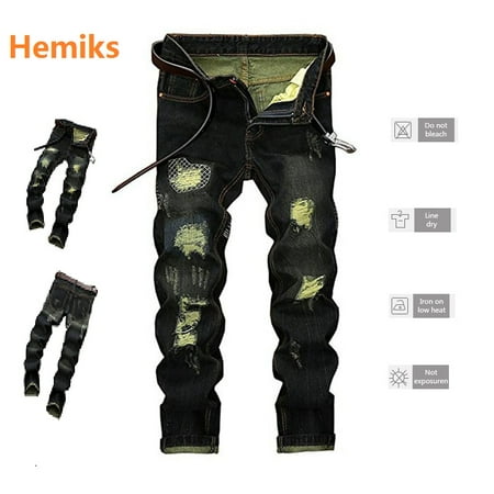 - Men's Ripped Slim Fit Tapered Leg Jeans Vintage Style with Broken Holess