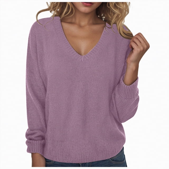 Splozh Fall Sweaters for Women Oversized Sweatshirt Vintage Long Sleeve Pullover Half Clothing Light Purple,M