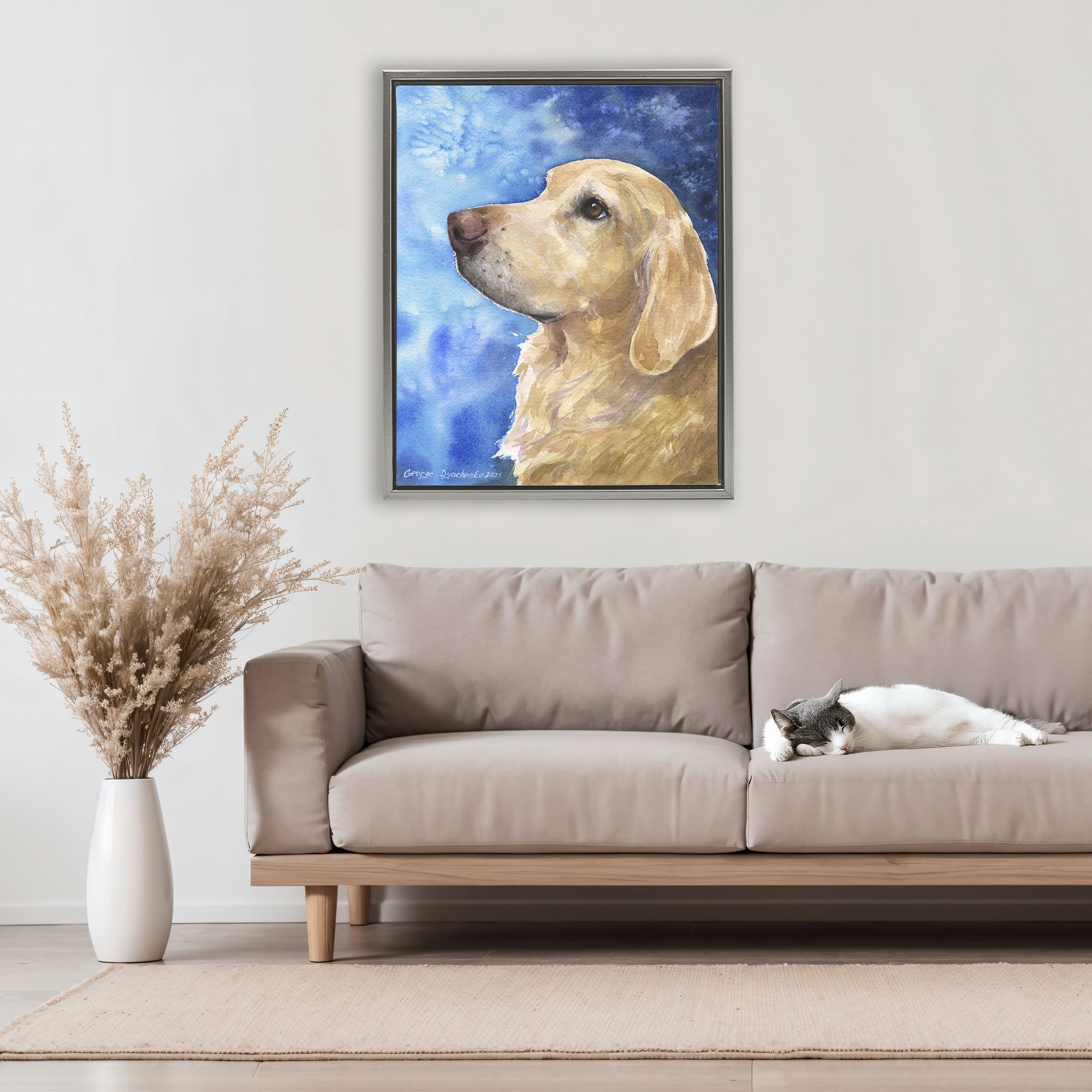 Stupell Industries Golden Retriever Portrait on Azure Gray Framed Floater Canvas Wall Art, design by George Dyachenko