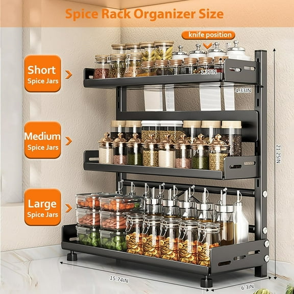 Rack for Countertop, 3 Tier Height-Adjustable Spice Organization for Cabinet, Kitchen Countertop Organizer, Metal Standing Large Seasoning Storage Shelf, Black