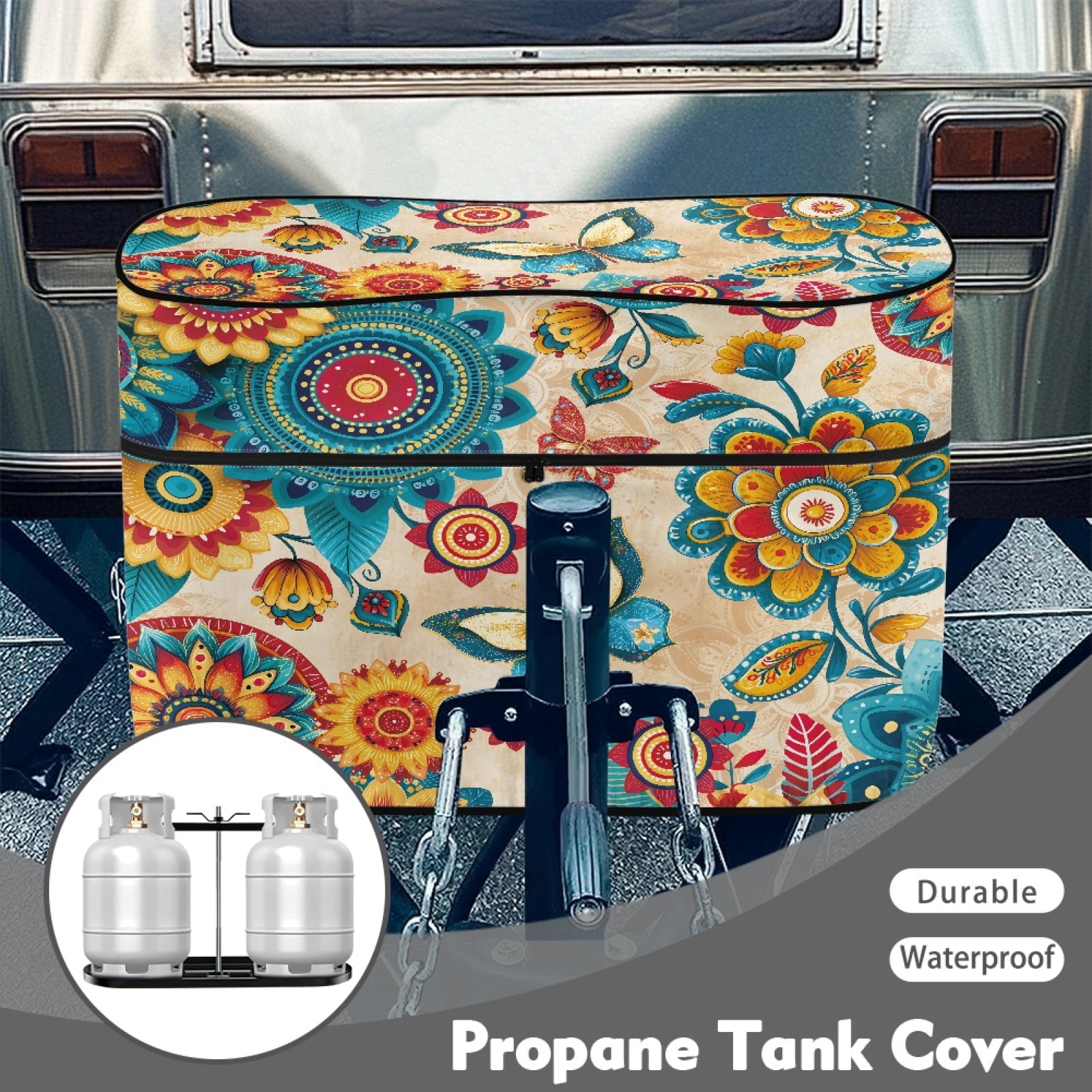 Yuyamidu Butterfly Flowers RV Propane Tank Cover Fit for Dual 20lb Tanks, Waterproof Propane Tank Cover Tavble, Durable Gas Cylinder Protection for RV/Trailer/Camper