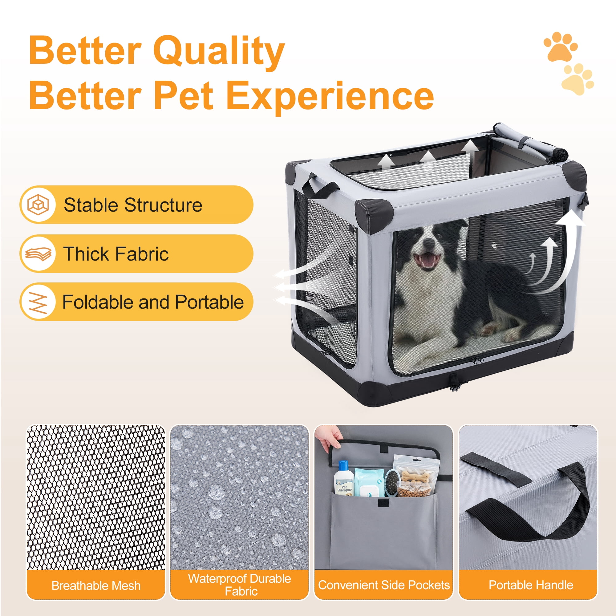Sweetcrispy Portable Soft-Sided Dog Crate, Folding Travel Kennel with 3 Doors & Storage Pocket, Lightweight Oxford Fabric, Gray, 30 lb Limit