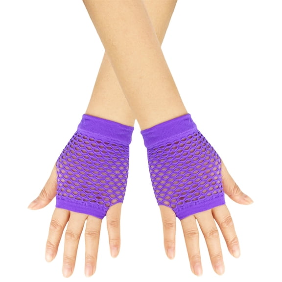 PoureLoom Fishnet Fingerless Gloves with 80s Short Fishnets Gloves for Women Mesh Fingerless Glove for Cosplay Halloween Theme Party Purple One Size
