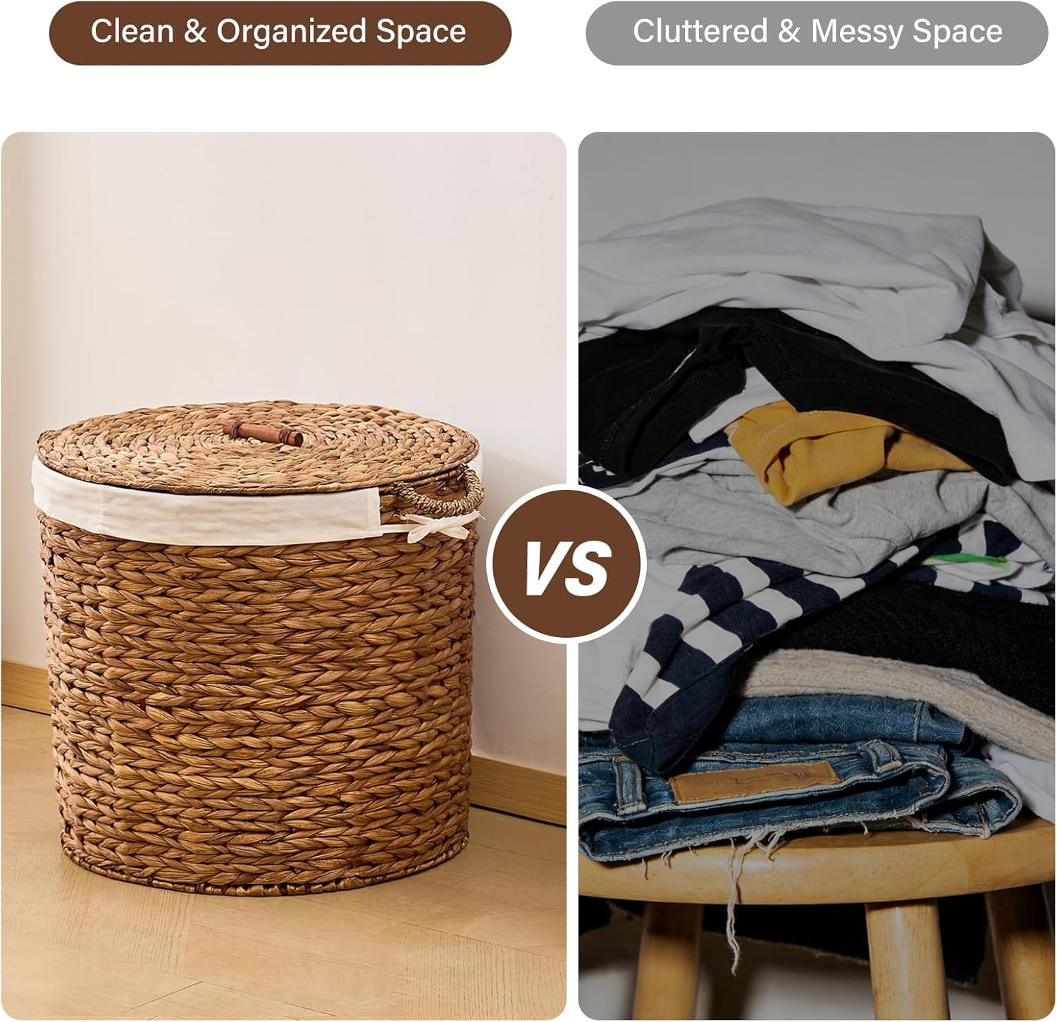 Casa Pura Furniture Handwoven Laundry Hamper with Lid, Storage Basket for Bathroom, Laundry Room & Bedroom, Espresso, Large