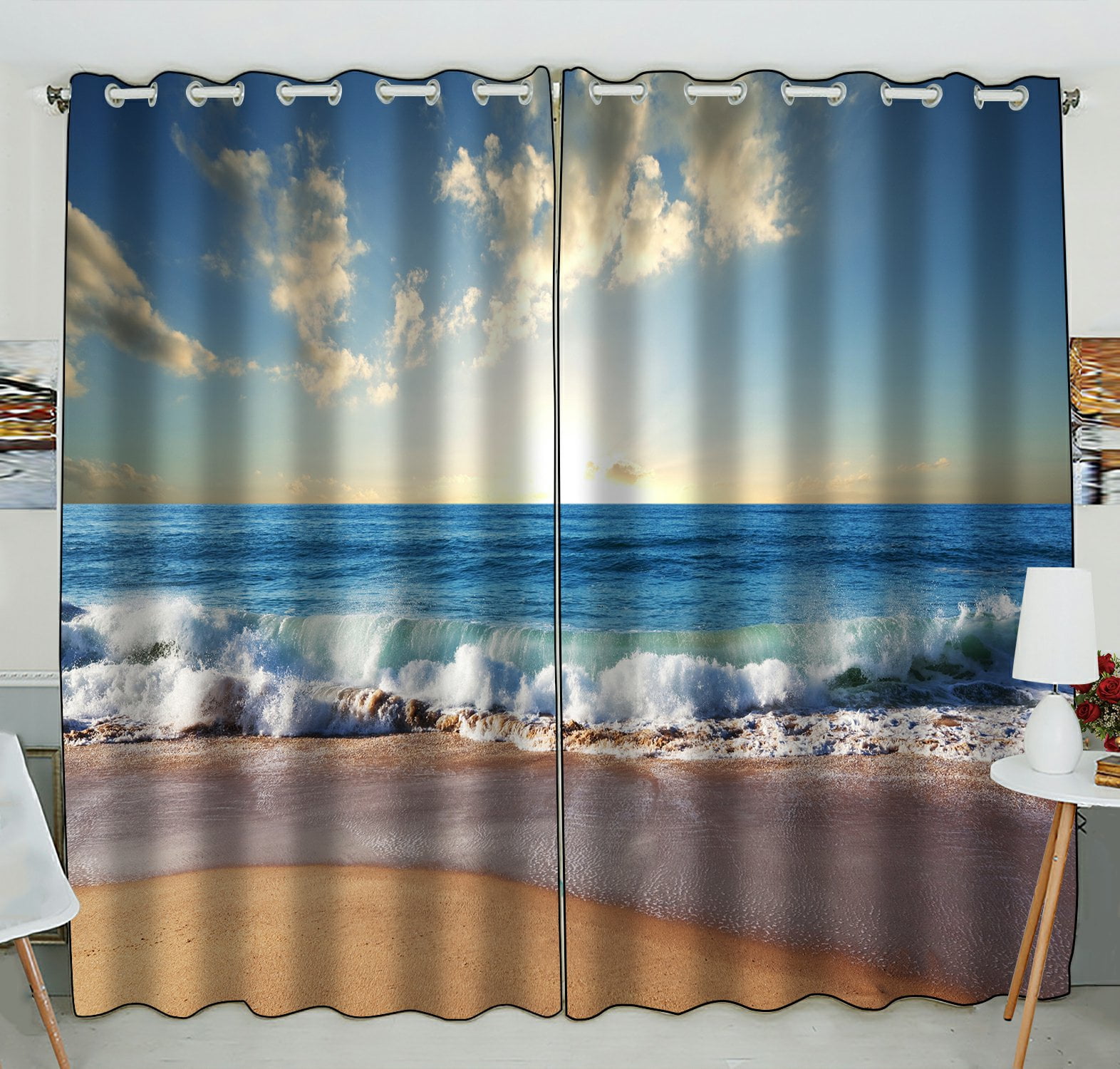 PHFZK Ocean Window Curtain, Seascape with Sea Waves in Sunset Window Curtain Blackout Curtain