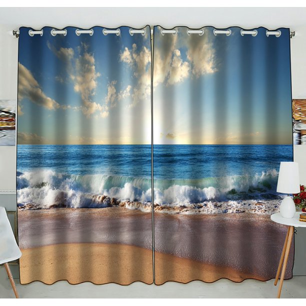 PHFZK Ocean Window Curtain, Seascape with Sea Waves in Sunset Window