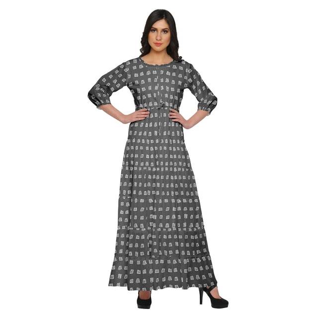 Moomaya Robe Longue Maxi Imprimée à Col Rond, Manches 3/4, avec Taille à Cordon