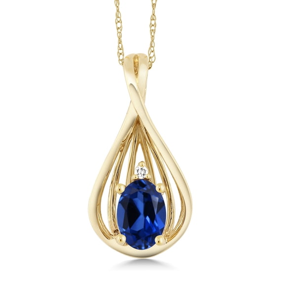 Gem Stone King 10K Yellow Gold Blue Created Sapphire and White Diamond Teardrop Pendant Necklace for Women (0.50 Cttw, Gemstone September Birthstone, Oval 6X4MM, with 18 inch Chain)