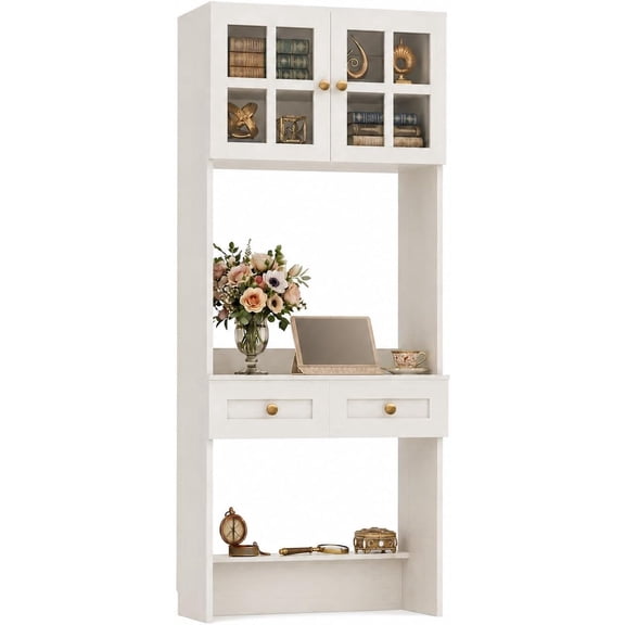 Homieasy 80'' Eatra Tall Bookcase with Drawers, 27.6'' Wide Desk with Hutch Storage for Living Room, Office, Distressed White