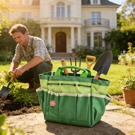 Hodwiequ Gardening Tool Kit Garden Tool Storage Bag Multi Pocket Gardening Tote Bag Accessories Not Included Green Free Size