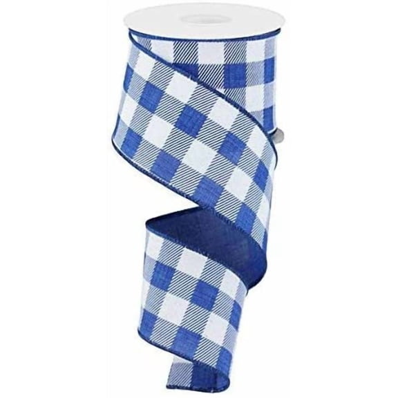 Plaid Check Wired Edge Ribbon - 10 Yards Royal Blue, White, 2.5 Inches