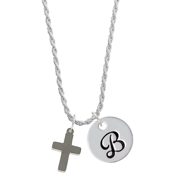 Delight Jewelry Stainless Steel 5/8" Cross - Silvertone Script Initial Disc - B - Charm Necklace, 20"+3"