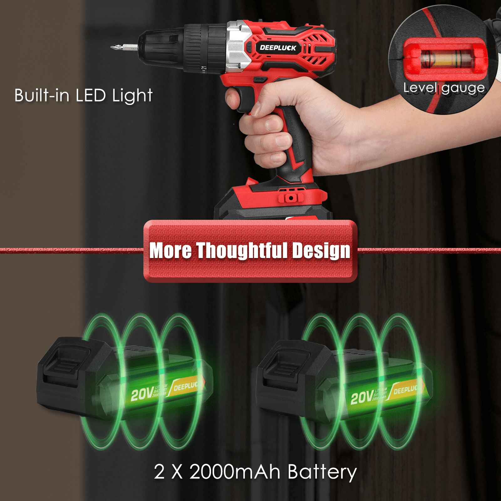 DEEPLUCK Cordless Drill Set, 20V Power Drill Kit with 2 X 2.0AH Battery, 44pcs Drill/Driver Bits, 1 Box Screws, Bubble Level, 3/8'' Chuck Electric Drill, 32NM, 21+3 Position, 2 Variable Speed